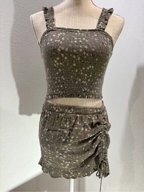 Smocked Floral Knit Crop Top & Ruched Mini Skirt Set - Olive Floral